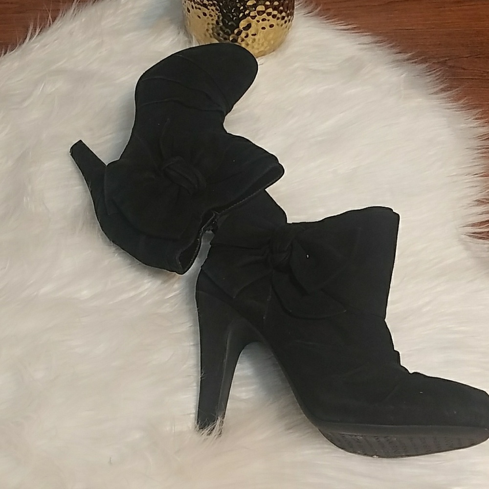 Black Suede Ankle‎ Boots Bow Detail Stiletto Heel Party Cocktail Shoes EUC